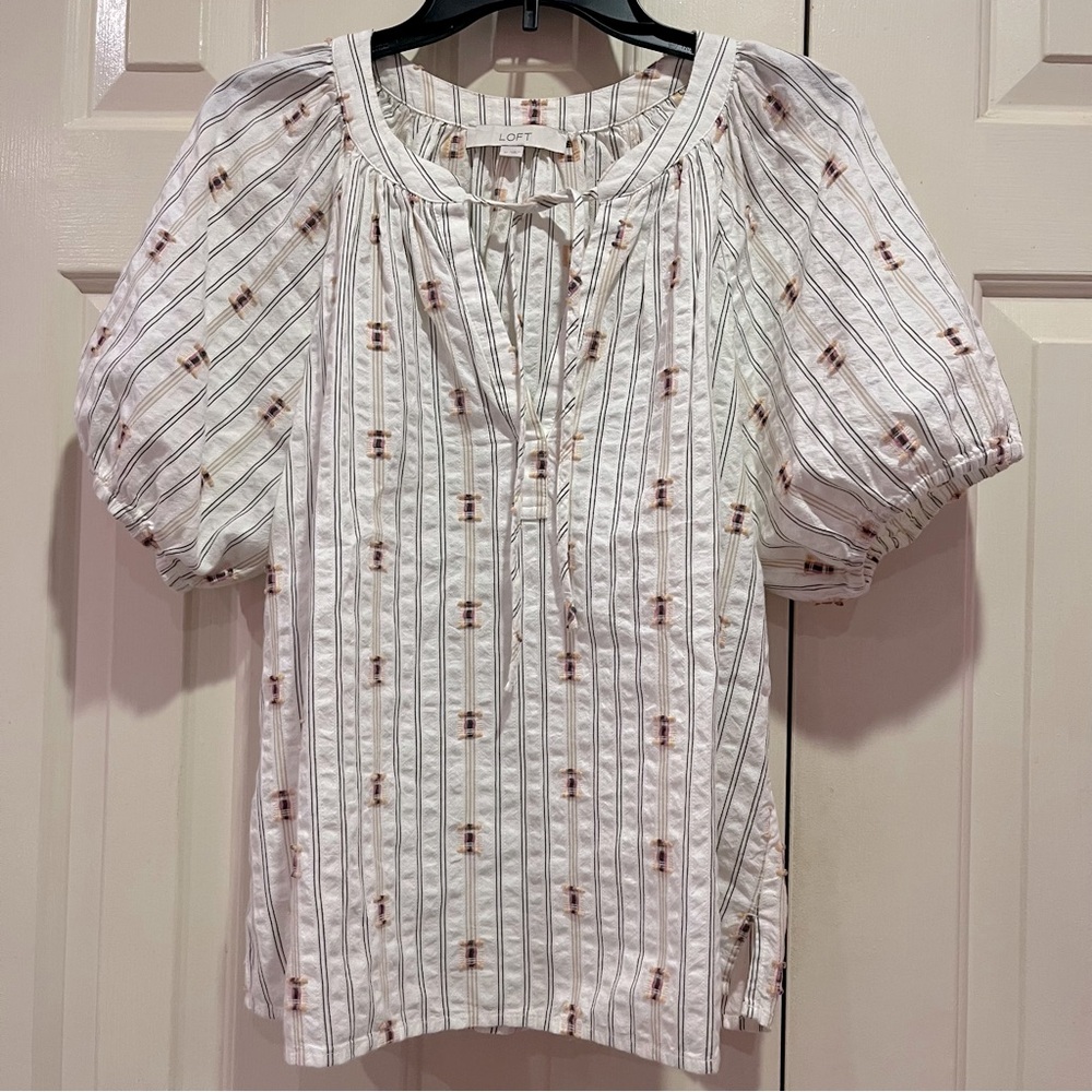 Loft Clip Dot Tie Neck Puff Sleeve Peasant Top Size M